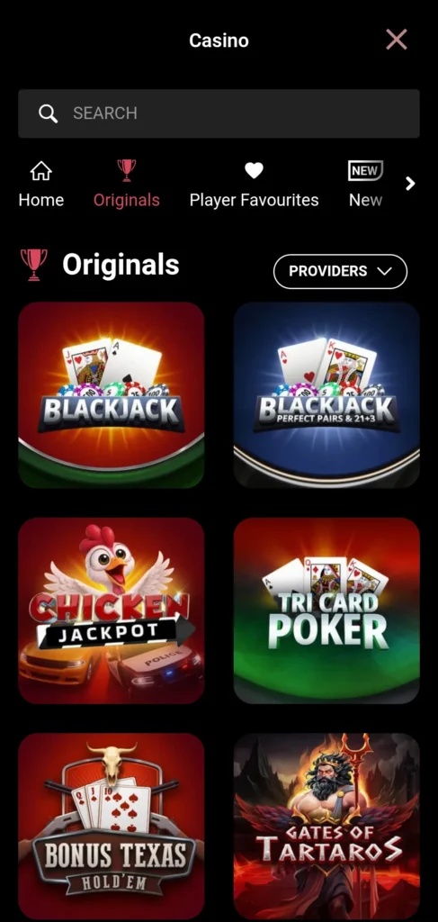 Uno screenshot della lobby dell'app di CoinPoker Casino, che mostra i giochi più popolari, le slot machine e i giochi con bonus acquistabili.